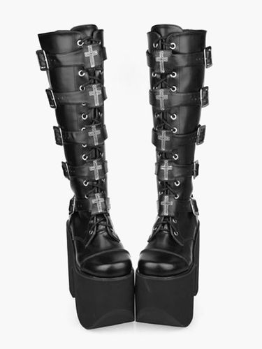 Stivali Lolita neri gotici con fibbie a piattaforma alta Stampa incrociata - milanoo.com - Modalova