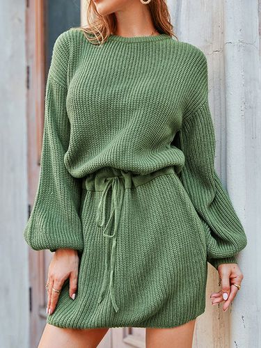 Abito lavorato a maglia per donna Elegante abito corto elasticizzato con coulisse in poliestere a maniche lunghe con collo gioiello - milanoo.com - Modalova