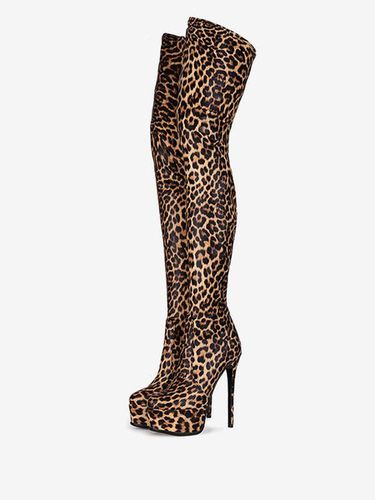Stivali alti alla coscia da donna Stivali a punta tonda con tacco a spillo con stampa leopardata Stivali invernali da donna - milanoo.com - Modalova