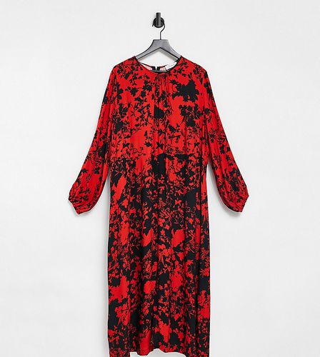 Vestito midi a maniche lunghe con spacco nero e rosso a fiori - Closet London Plus - Modalova