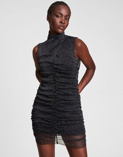 Vestito corto accollato in tessuto arricciato nero metallizzato - AllSaints - Modalova