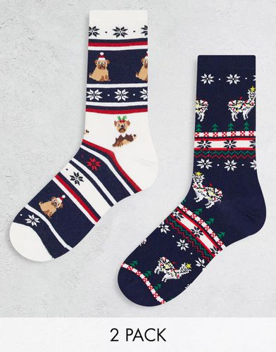 Confezione da 2 paia di calzini con motivo natalizio Fair Isle con animali-Blu navy - ASOS DESIGN - Modalova