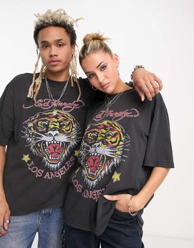 Unisex - T-shirt comoda nero slavato con stampa LA con tigre-Black - Ed Hardy - Modalova