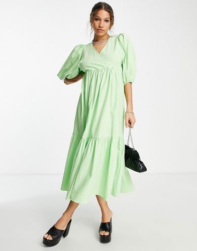 Vestito grembiule a balze con maniche a palloncino in cotone verde lime - LGREEN - Edited - Modalova
