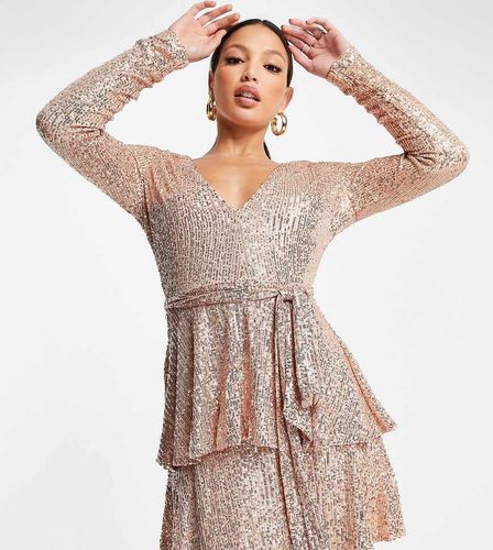 Esclusiva - Vestito corto a balze con scollo profondo e paillettes decorative color oro rosa - In The Style Tall - Modalova