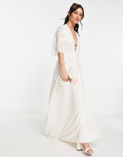 Vestito lungo da sposa ricamato color avorio con scollo profondo-Bianco - Hope & Ivy - Modalova