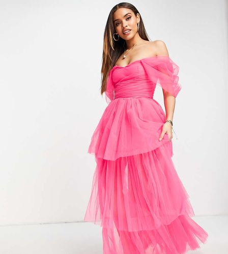 In esclusiva - Vestito lungo con spalle scoperte in tulle rosa acceso - Lace & Beads - Modalova