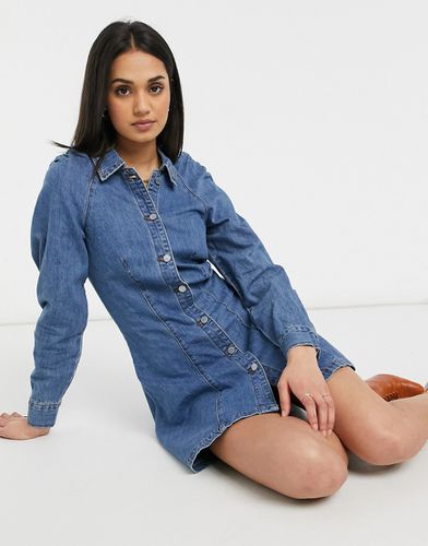 Vestito di jeans lavaggio vintage con spalle plissettate-Blu - Lost Ink - Modalova