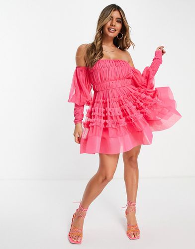 Vestito corto con spalle scoperte in tulle rosa vivo - Lace & Beads - Modalova