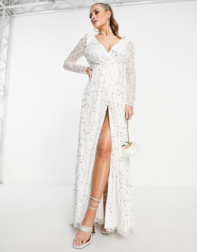 Vestito lungo da sposa decorato color avorio con strascico-Bianco - Lace & Beads - Modalova