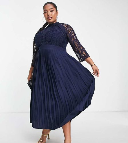 Vestito al polpaccio blu navy con dettagli in pizzo - Little Mistress Plus - Modalova
