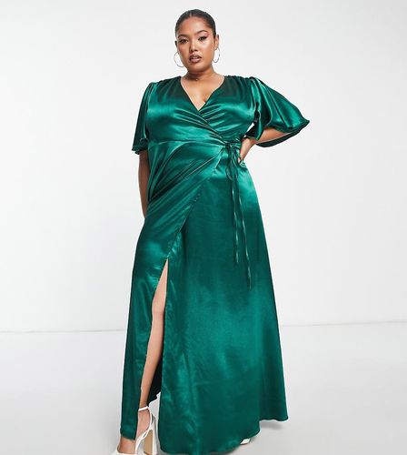 Vestito lungo con maniche con volant in raso verde smeraldo - Little Mistress Plus - Modalova