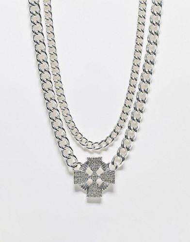 Collana con catena barbazzale a più strati color argento con croce in cristalli - WFTW - Modalova