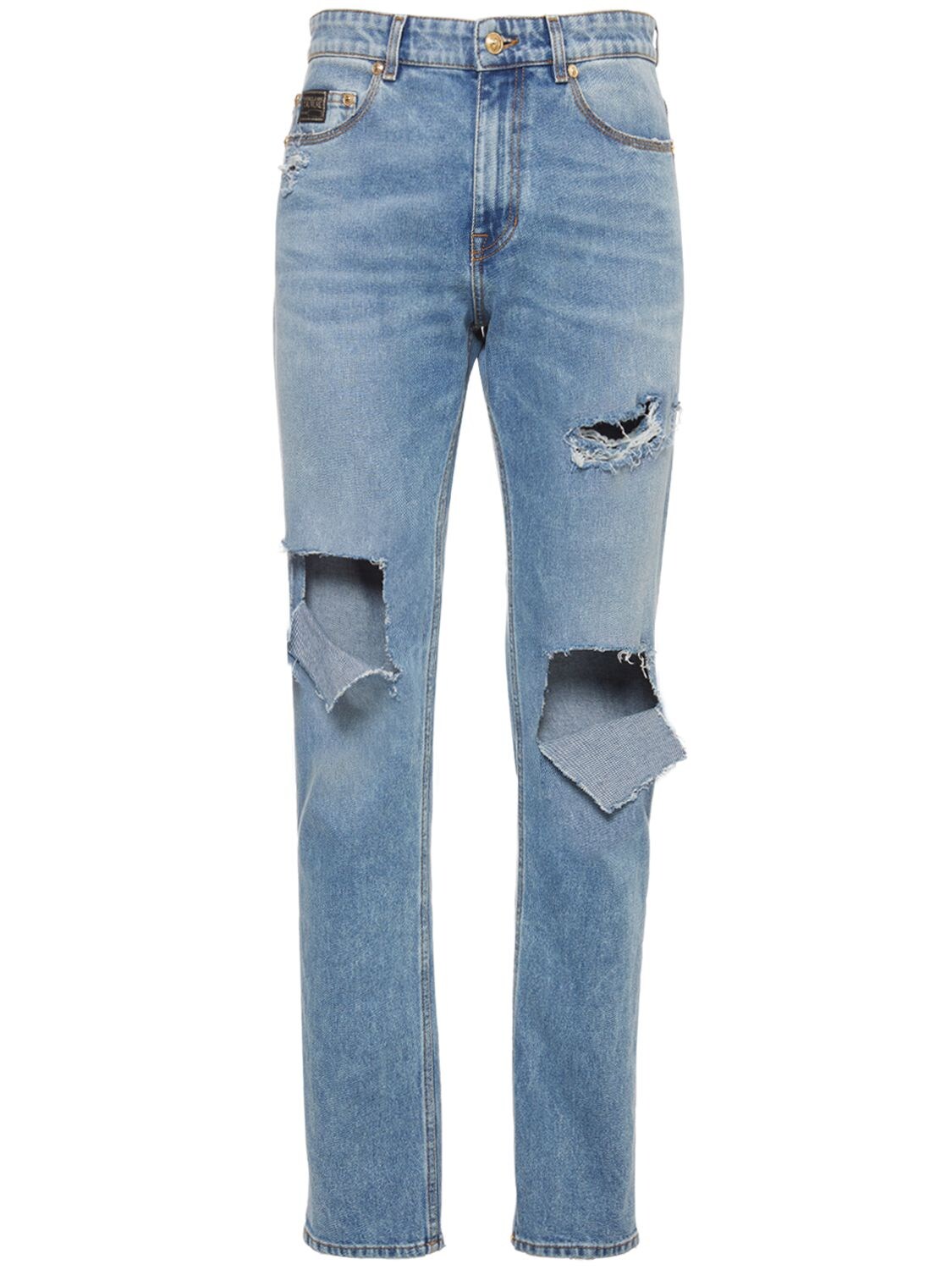 Jeans Slim Fit In Denim Di Cotone Destroyed - VERSACE JEANS COUTURE - Modalova