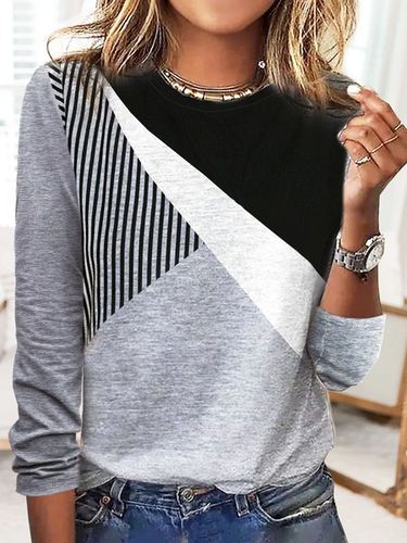 A Righe Patchwork Contrasto Stampato Casuale Manica lunga T-shirt - Modetalente - Modalova