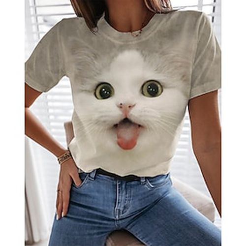 Women's Daily Weekend T shirt Tee 3D Cat Painting Short Sleeve Cat 3D Animal Round Neck Print Basic Tops Brown S / 3D Print - Ador IT - Modalova