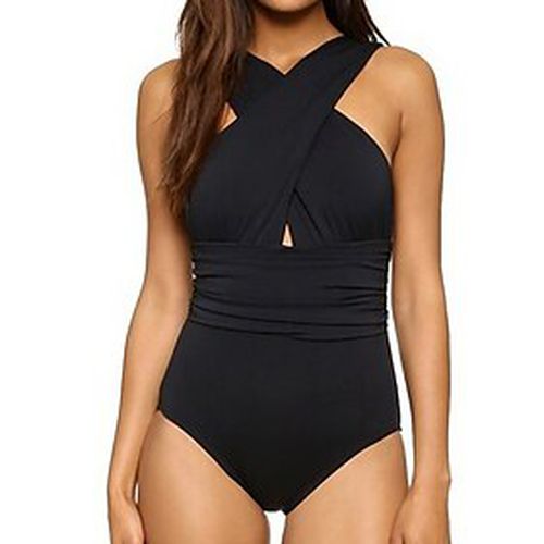 Women's Swimwear One Piece Monokini Bathing Suits Normal Swimsuit Solid Color Tummy Control Open Back Cross Black Red Plunge Padded Bathing Suits Vintage Sexy - Ador IT - Modalova