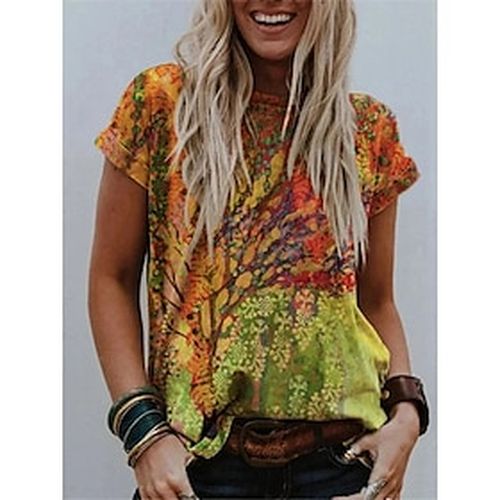 Women's Daily T shirt Tee Floral Short Sleeve Floral Graphic Flower Round Neck Print Basic Tops Yellow Rainbow Red S / 3D Print - Ador IT - Modalova