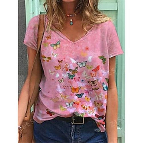 Women's Daily T shirt Tee Butterfly Short Sleeve Butterfly Flower V Neck Print Basic Tops Blue Pink Orange S / 3D Print - Ador IT - Modalova