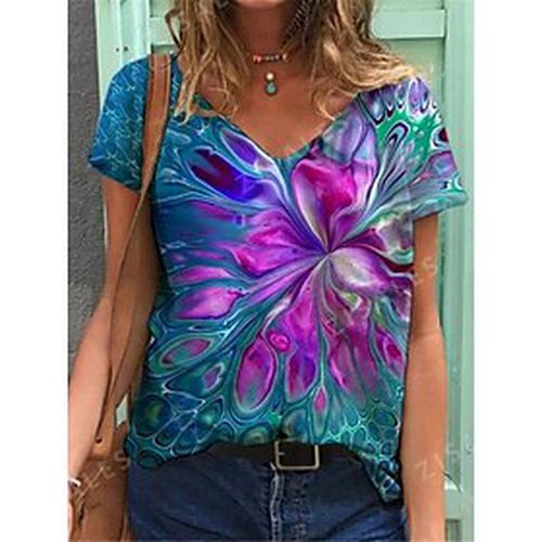 Women's Daily T shirt Tee Floral Short Sleeve Floral Graphic Flower V Neck Print Basic Tops Blue Purple Red S / 3D Print - Ador IT - Modalova