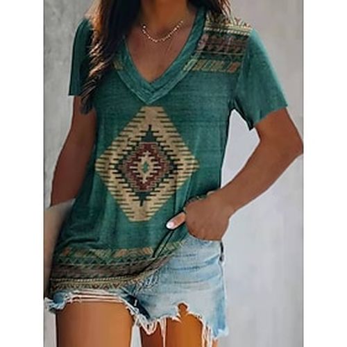 Women's Casual Holiday Weekend T shirt Tee Abstract Painting Short Sleeve Geometric Ocean V Neck Print Basic Ethnic Tops Green Blue Light Green S / 3D Print - Ador IT - Modalova